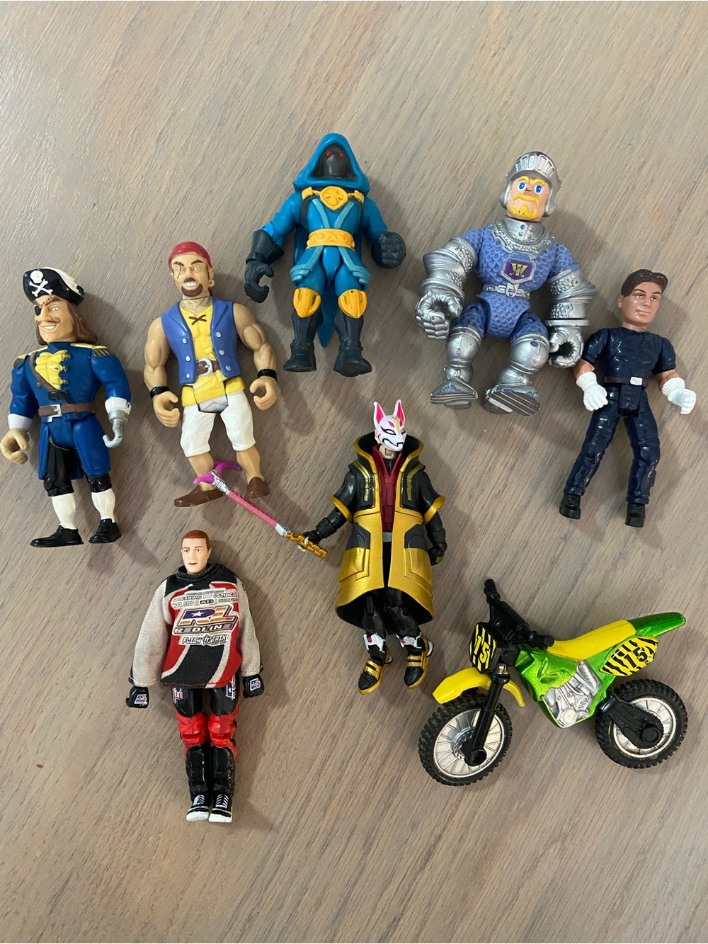 Assorted Kids Action Figures and Green Dirt Bike Toy - Mixed Brand